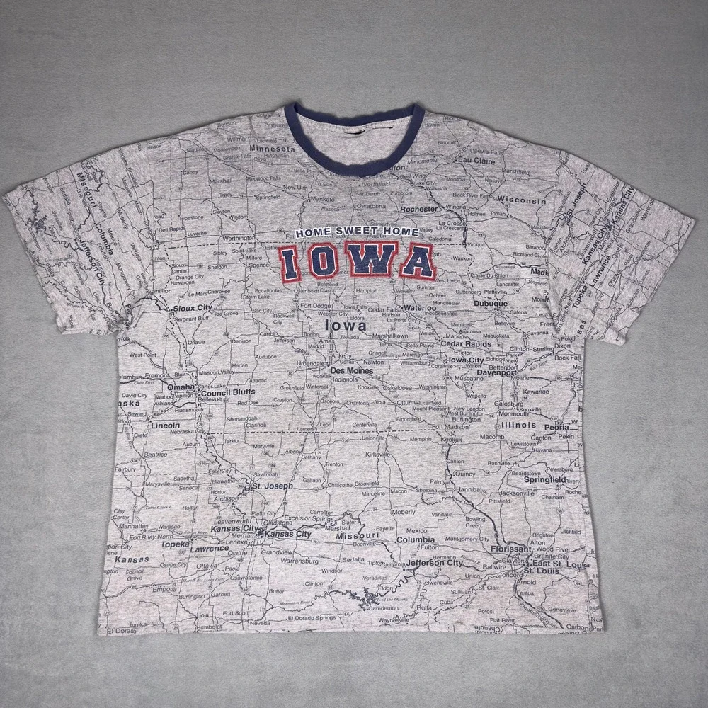 Vintage 90s Iowa Home Sweet Home All Over Print Map Ringer T-Shirt Gray XL 2XL